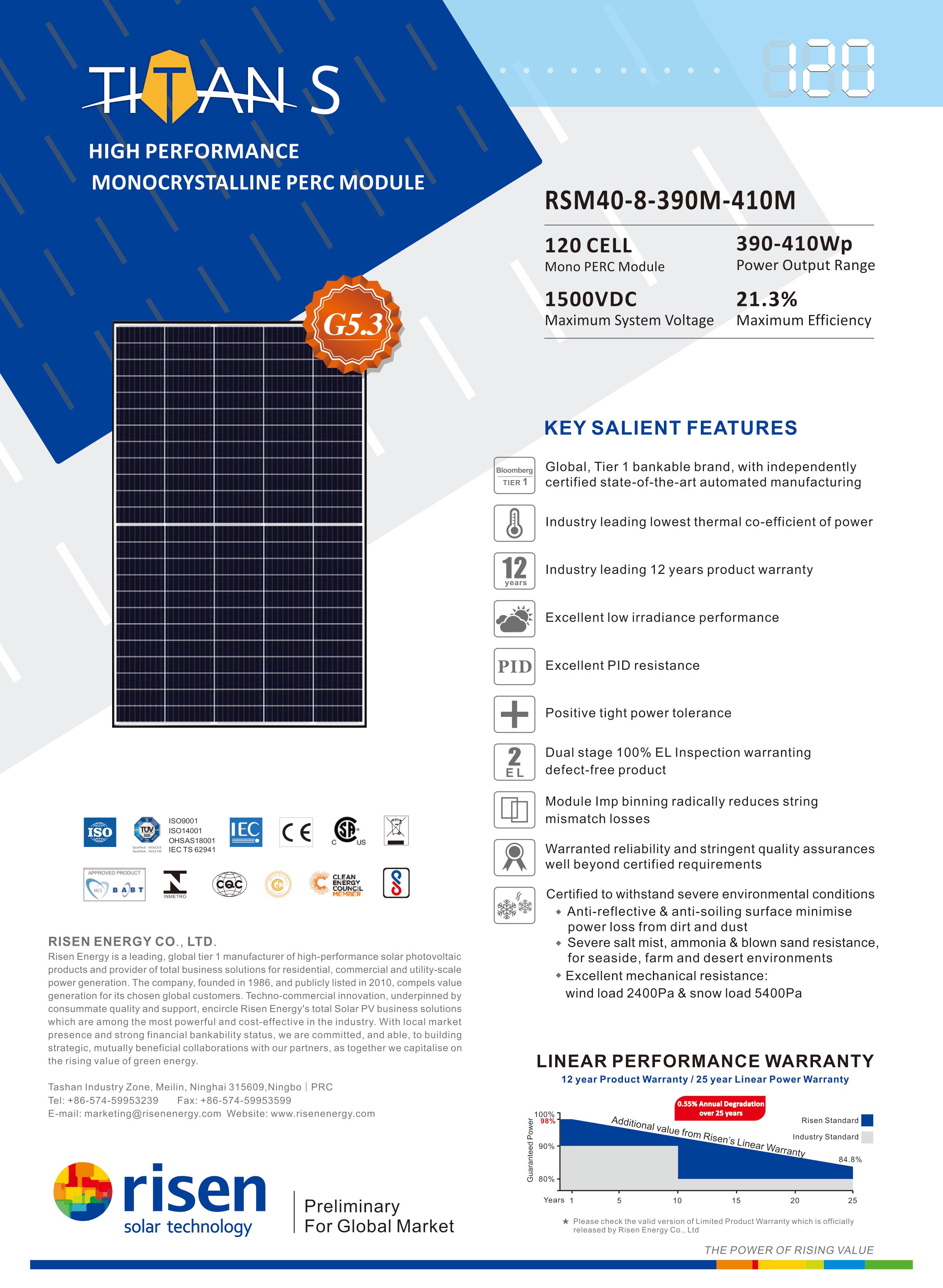 Pannello solare monocristallino Risen Energy Titan S 410 Wp
